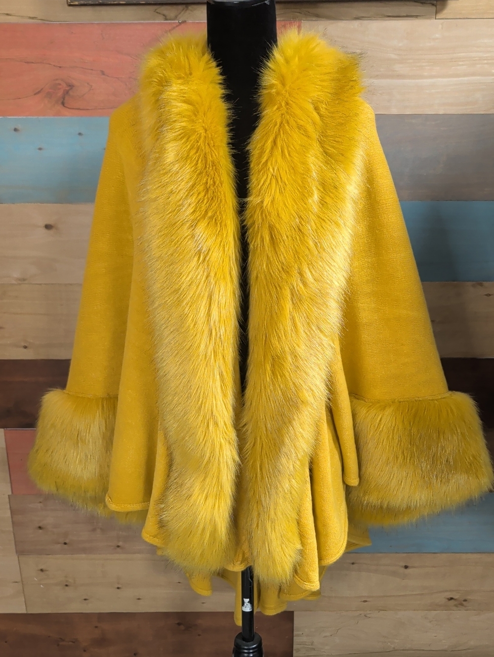Angora-Fur Trim Mustard Yellow Cape Coat